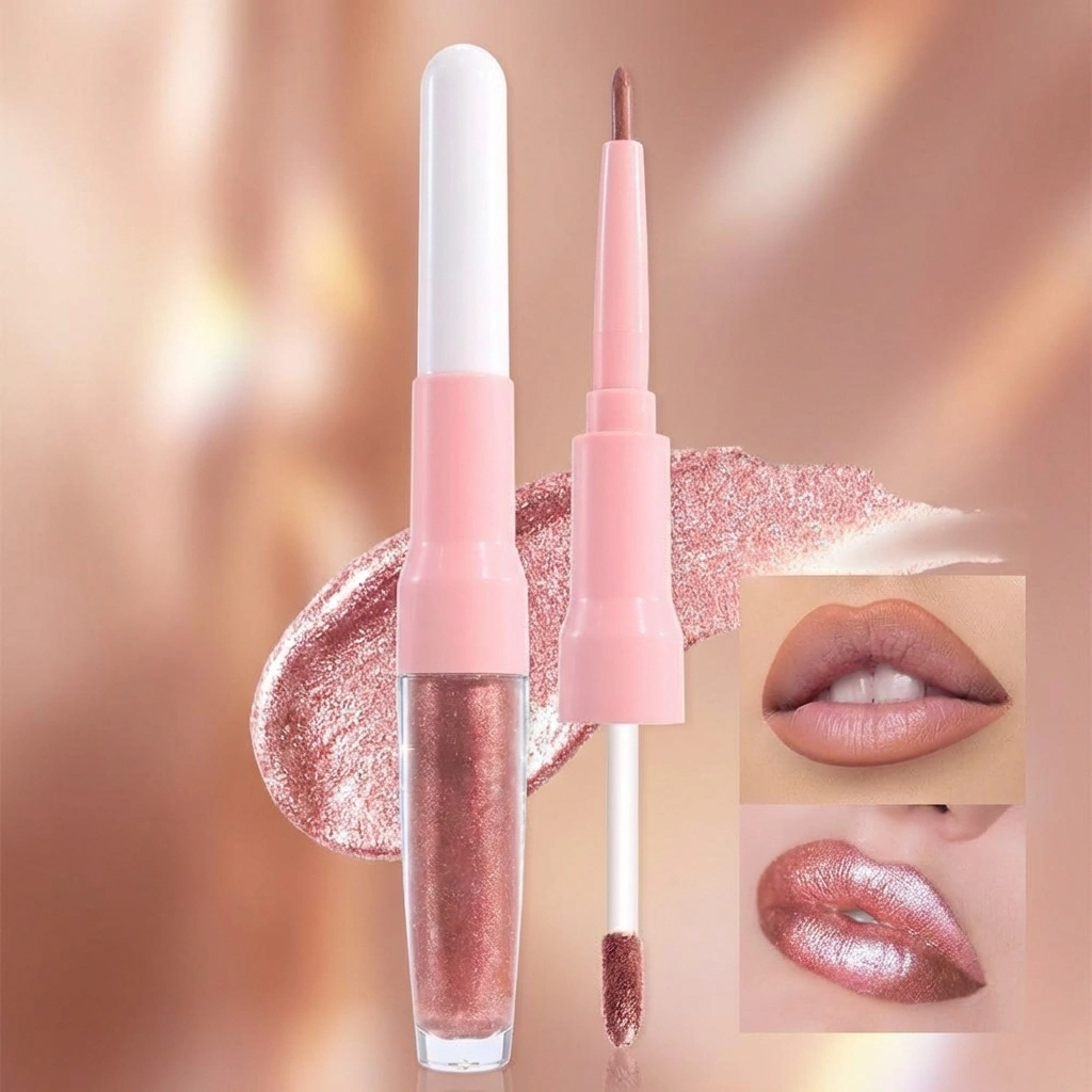 Rose Gold Metallic Lip Liner and Lipstick Combo Lip Gloss Tints Stain Set Makeup for Women Long Lasting Waterproof 24, Light Pink Metallic Glitter Shimmer Iridescent Liquid Lipstick lippies Lip Gloss