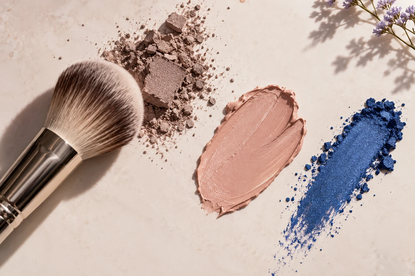 Editorial flat lay of makeup textures and a brush