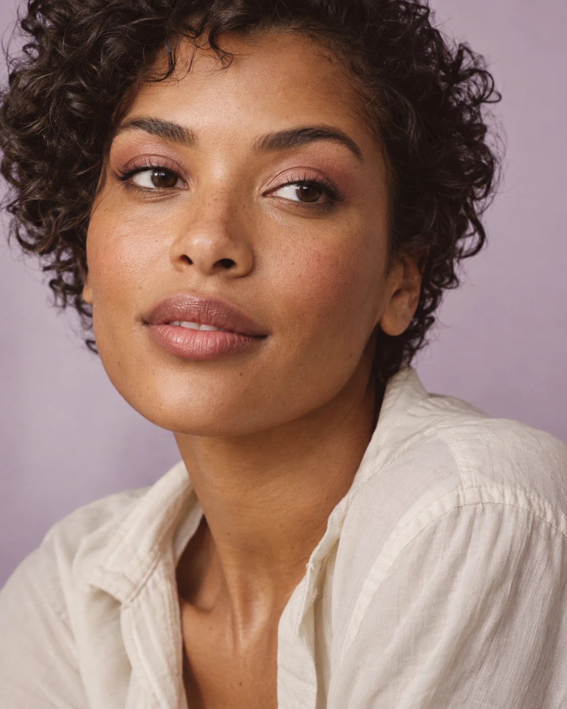 Editorial portrait with soft taupe eye makeup and rose lip color